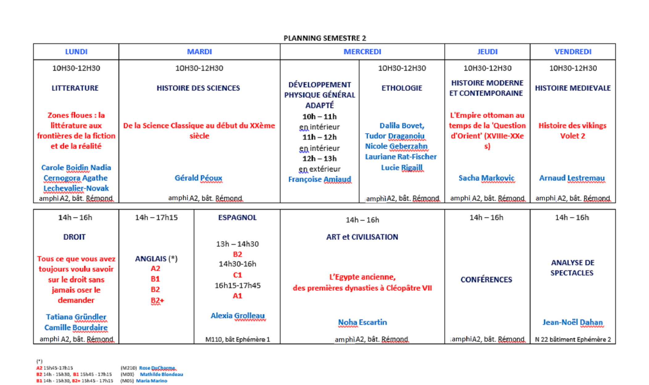 Planning Semestre 2